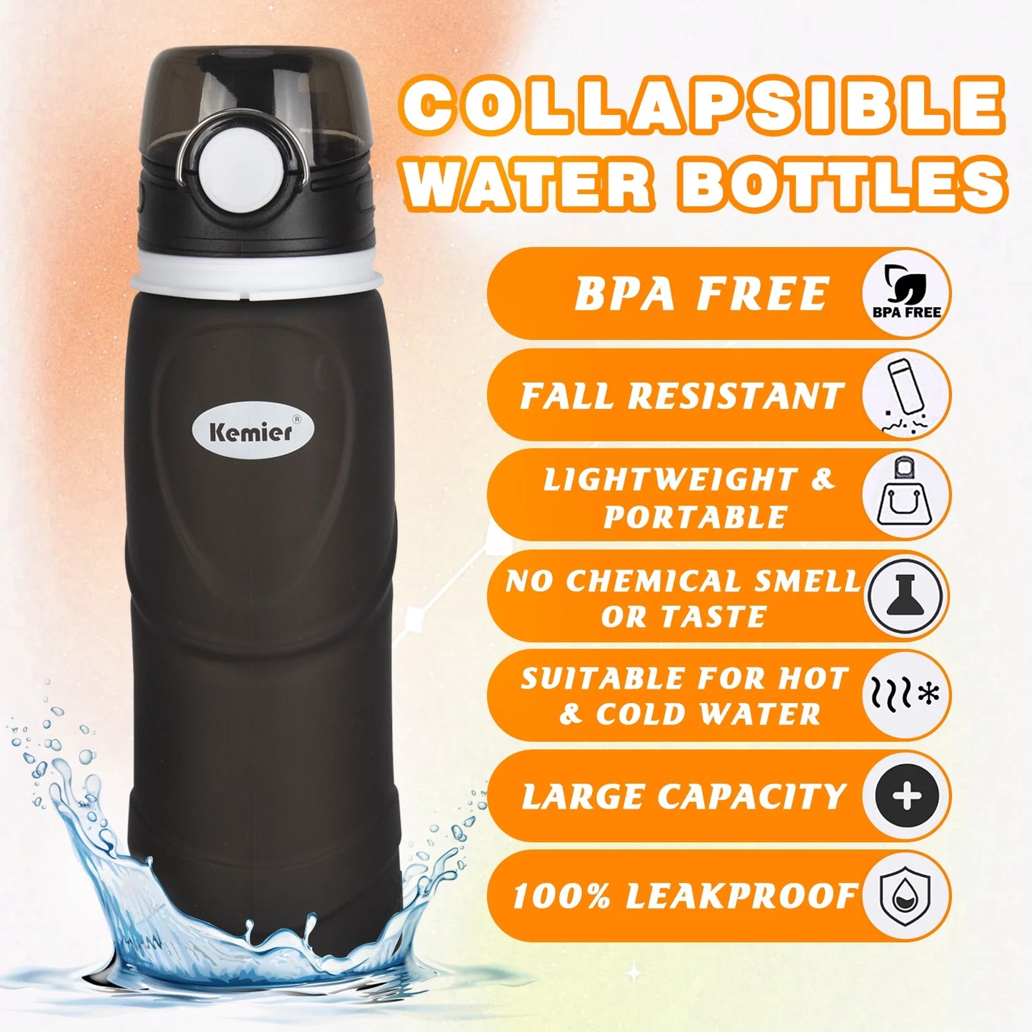 Collapsible Silicone Water Bottles - 750ML Leakproof Valve Reusable BPA Free Travel Water Bottle, 26Oz Foldable Water Bottles Sports & Outdoor Lightweight for Gym Camping Hiking Travel