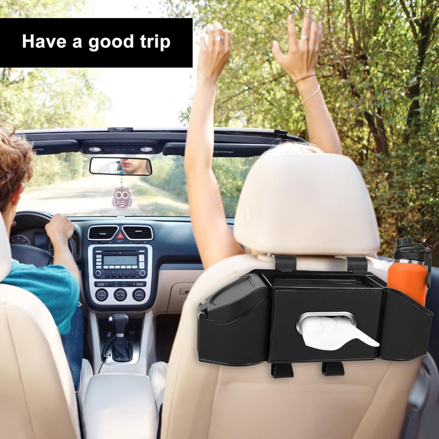 7-In-1 Car Seat Back Organizer with Cup Holders, Tissue Box, Garbage Can&Hooks, Multifunctional Headrest Storage Organizer, Headrest Cup Holder for Backseat, Car Accessories for Trips, Travels(Black)