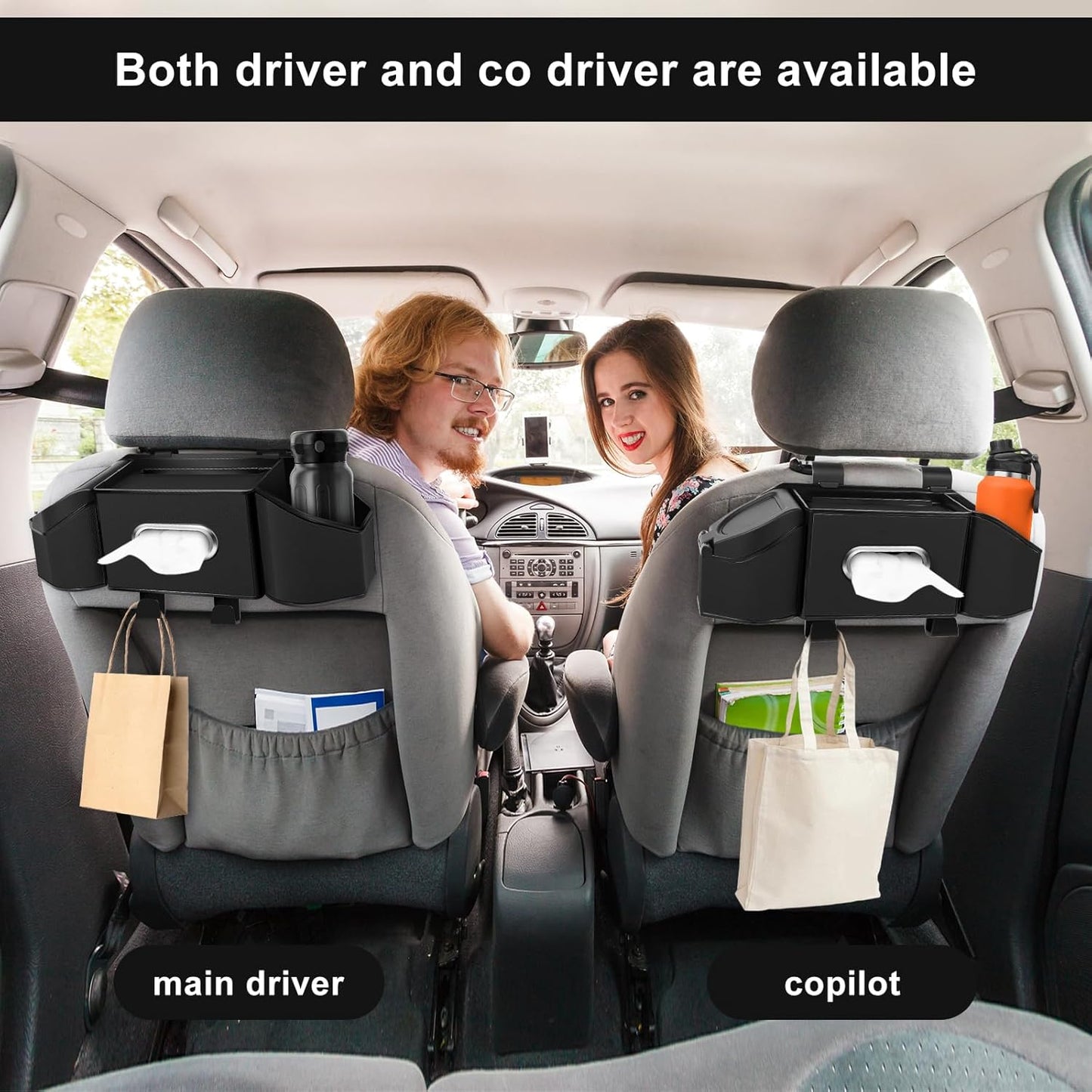 7-In-1 Car Seat Back Organizer with Cup Holders, Tissue Box, Garbage Can&Hooks, Multifunctional Headrest Storage Organizer, Headrest Cup Holder for Backseat, Car Accessories for Trips, Travels(Black)