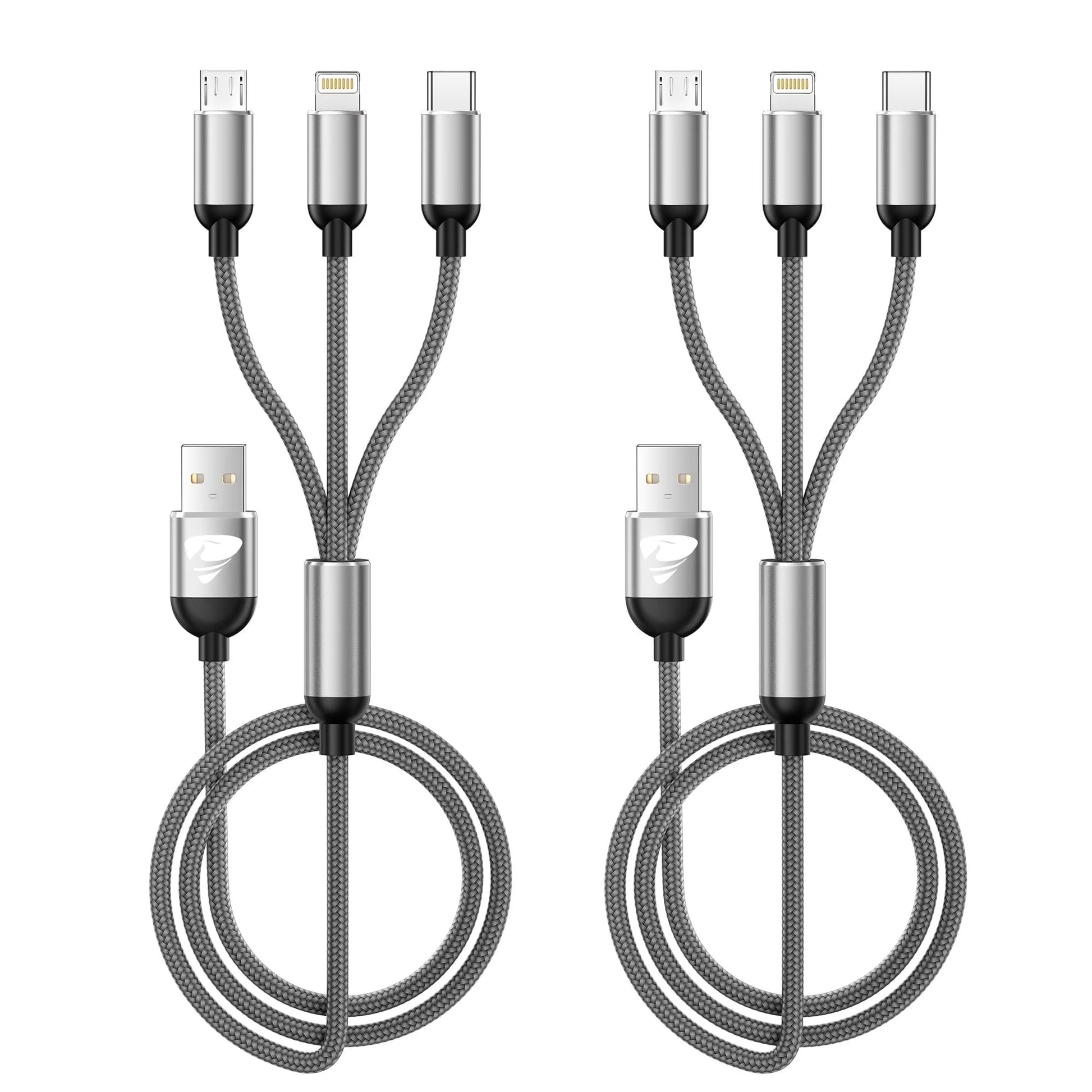 2 Pack Multi Charging Cable, 3 in 1 Phone Charger Cord Fast Charging with Micro USB, USB C Cables Compatible with Iphone/Ipad/Samsung, Gray