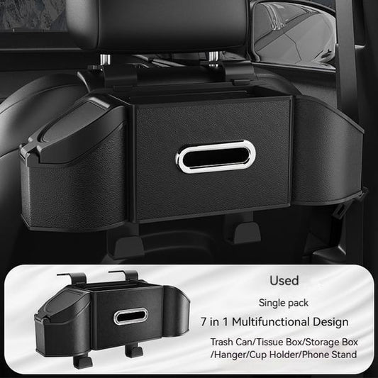 New Car Organizer 7-In-1 Multifunctional Storage Box with Cup Holder Tissue Box Trash Bin & Hooks for Backseat Organization Abs Material Compact and Functional for Modern Cars