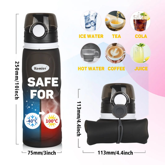 Collapsible Silicone Water Bottles - 750ML Leakproof Valve Reusable BPA Free Travel Water Bottle, 26Oz Foldable Water Bottles Sports & Outdoor Lightweight for Gym Camping Hiking Travel