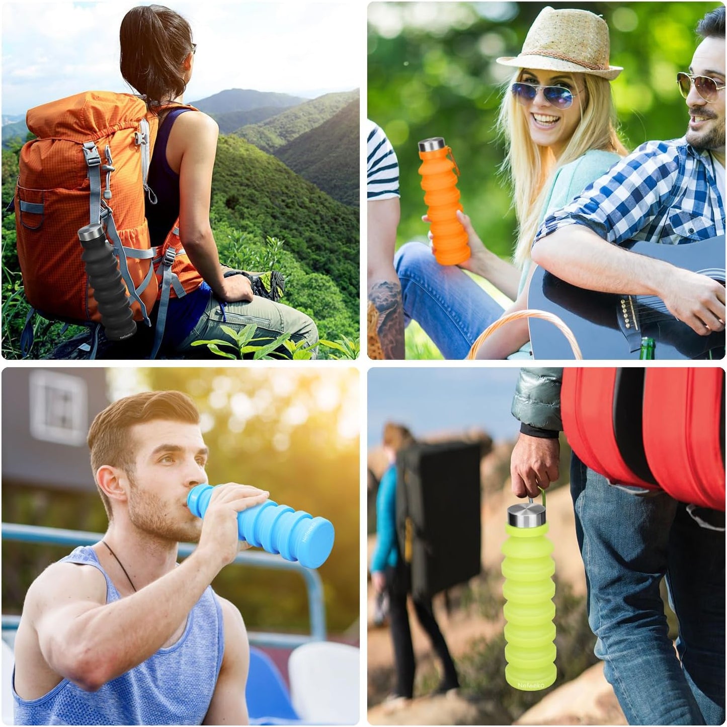 Collapsible Water Bottle, Reuseable BPA Free Silicone Foldable Water Bottles for Travel Gym Camping Hiking, Portable Leak Proof Sports Water Bottle with Carabiner
