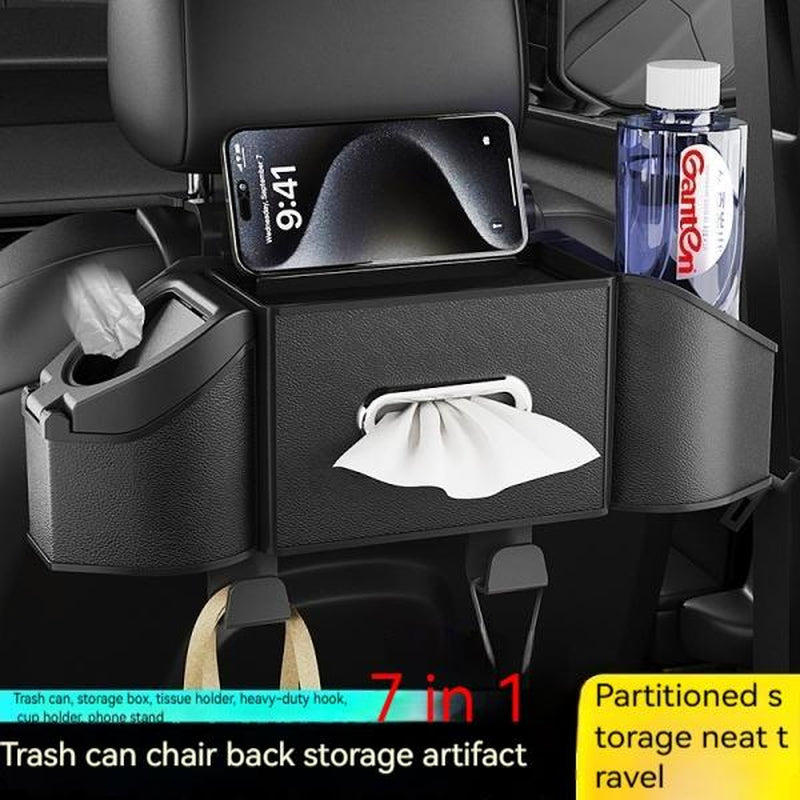 New Car Organizer 7-In-1 Multifunctional Storage Box with Cup Holder Tissue Box Trash Bin & Hooks for Backseat Organization Abs Material Compact and Functional for Modern Cars