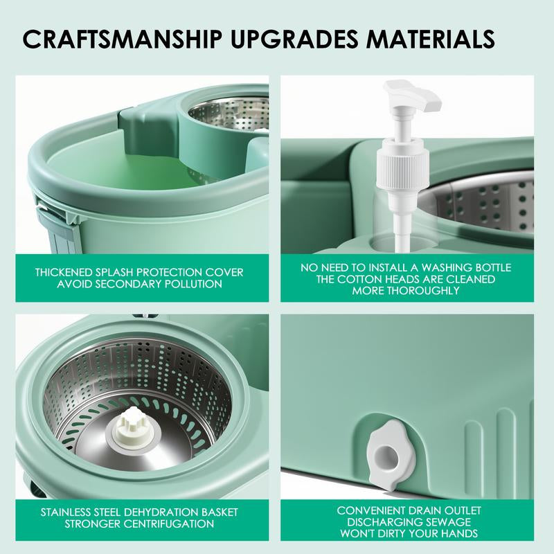Restock Sale 360° Rotating Spin Mop & Bucket Set Stainless Steel Handle and Bucket with Soap Dispenser & Drain Hose 3Pcs Microfiber Replacement Mop Refills for Household Items