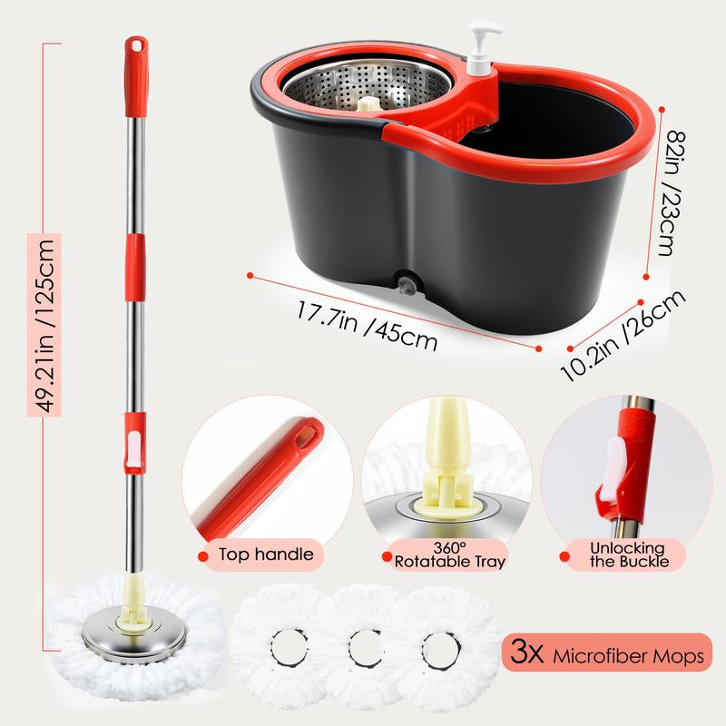 Restock Sale 360° Rotating Spin Mop & Bucket Set Stainless Steel Handle and Bucket with Soap Dispenser & Drain Hose 3Pcs Microfiber Replacement Mop Refills for Household Items