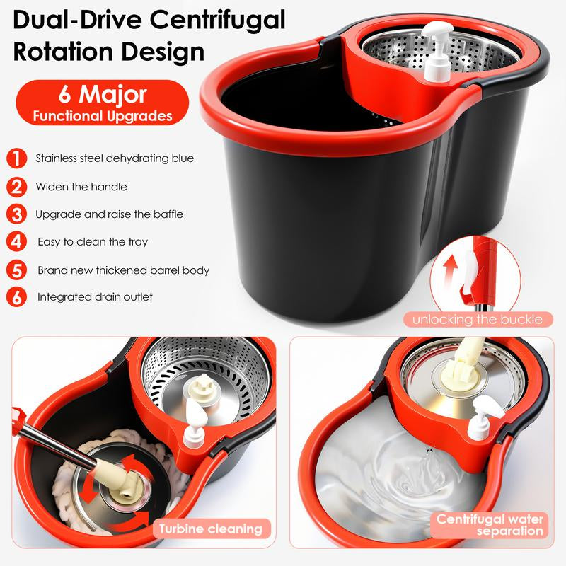 Restock Sale 360° Rotating Spin Mop & Bucket Set Stainless Steel Handle and Bucket with Soap Dispenser & Drain Hose 3Pcs Microfiber Replacement Mop Refills for Household Items