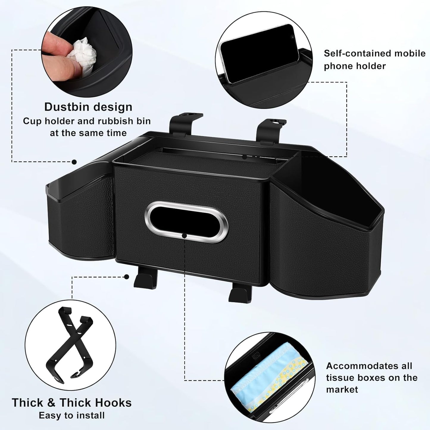 7-In-1 Car Seat Back Organizer with Cup Holders, Tissue Box, Garbage Can&Hooks, Multifunctional Headrest Storage Organizer, Headrest Cup Holder for Backseat, Car Accessories for Trips, Travels(Black)