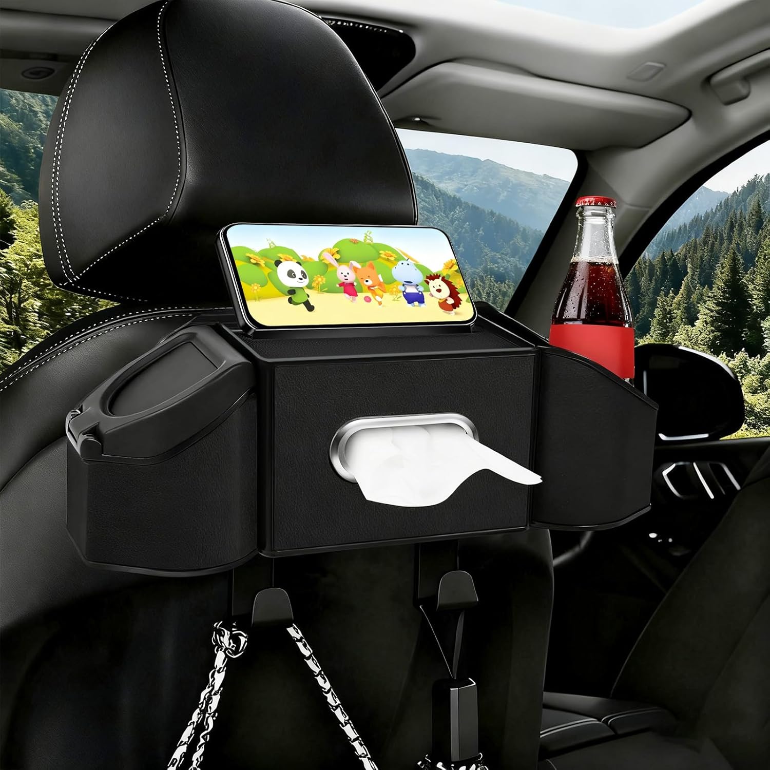 7-In-1 Car Seat Back Organizer with Cup Holders, Tissue Box, Garbage Can&Hooks, Multifunctional Headrest Storage Organizer, Headrest Cup Holder for Backseat, Car Accessories for Trips, Travels(Black)