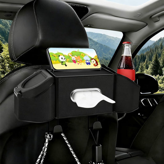 7-In-1 Car Seat Back Organizer with Cup Holders, Tissue Box, Garbage Can&Hooks, Multifunctional Headrest Storage Organizer, Headrest Cup Holder for Backseat, Car Accessories for Trips, Travels(Black)