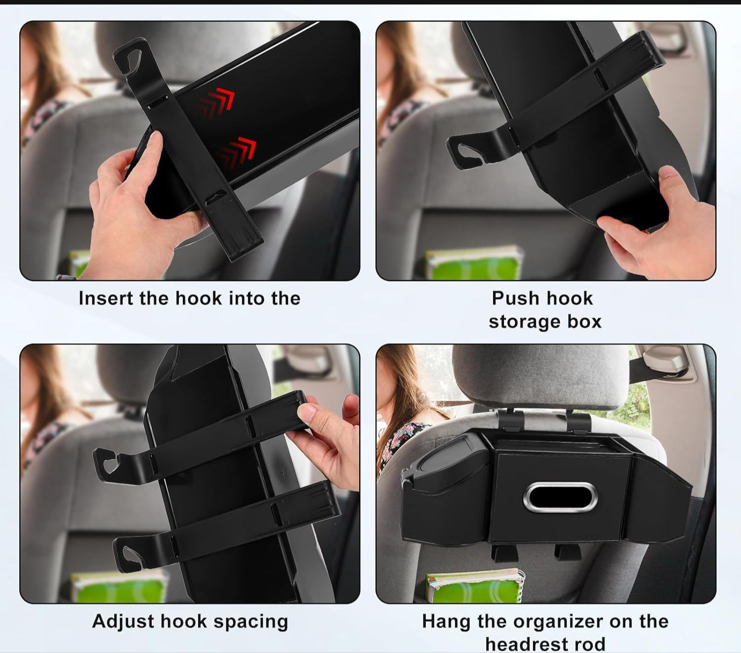7-In-1 Car Seat Back Organizer with Cup Holders, Tissue Box, Garbage Can&Hooks, Multifunctional Headrest Storage Organizer, Headrest Cup Holder for Backseat, Car Accessories for Trips, Travels(Black)