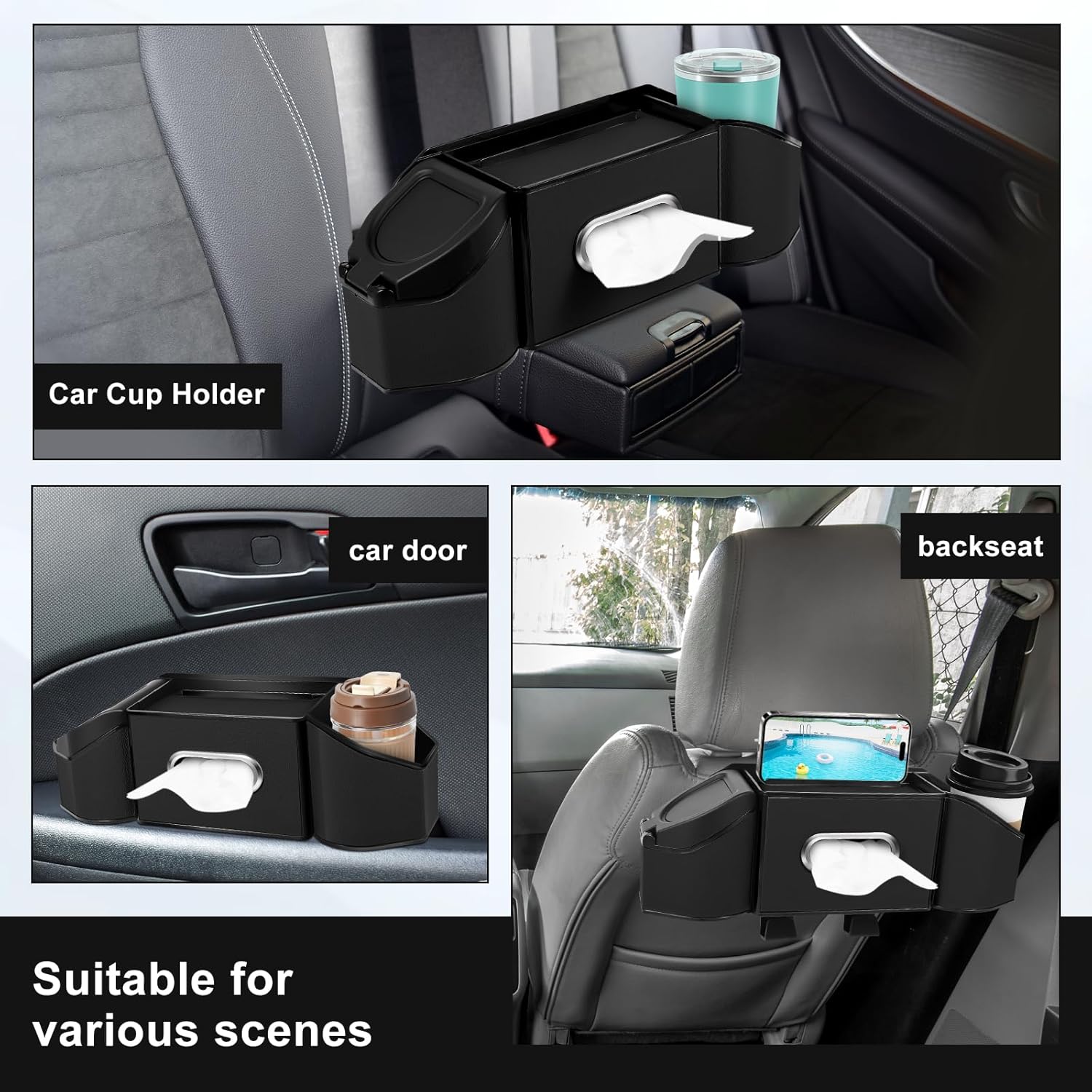 7-In-1 Car Seat Back Organizer with Cup Holders, Tissue Box, Garbage Can&Hooks, Multifunctional Headrest Storage Organizer, Headrest Cup Holder for Backseat, Car Accessories for Trips, Travels(Black)