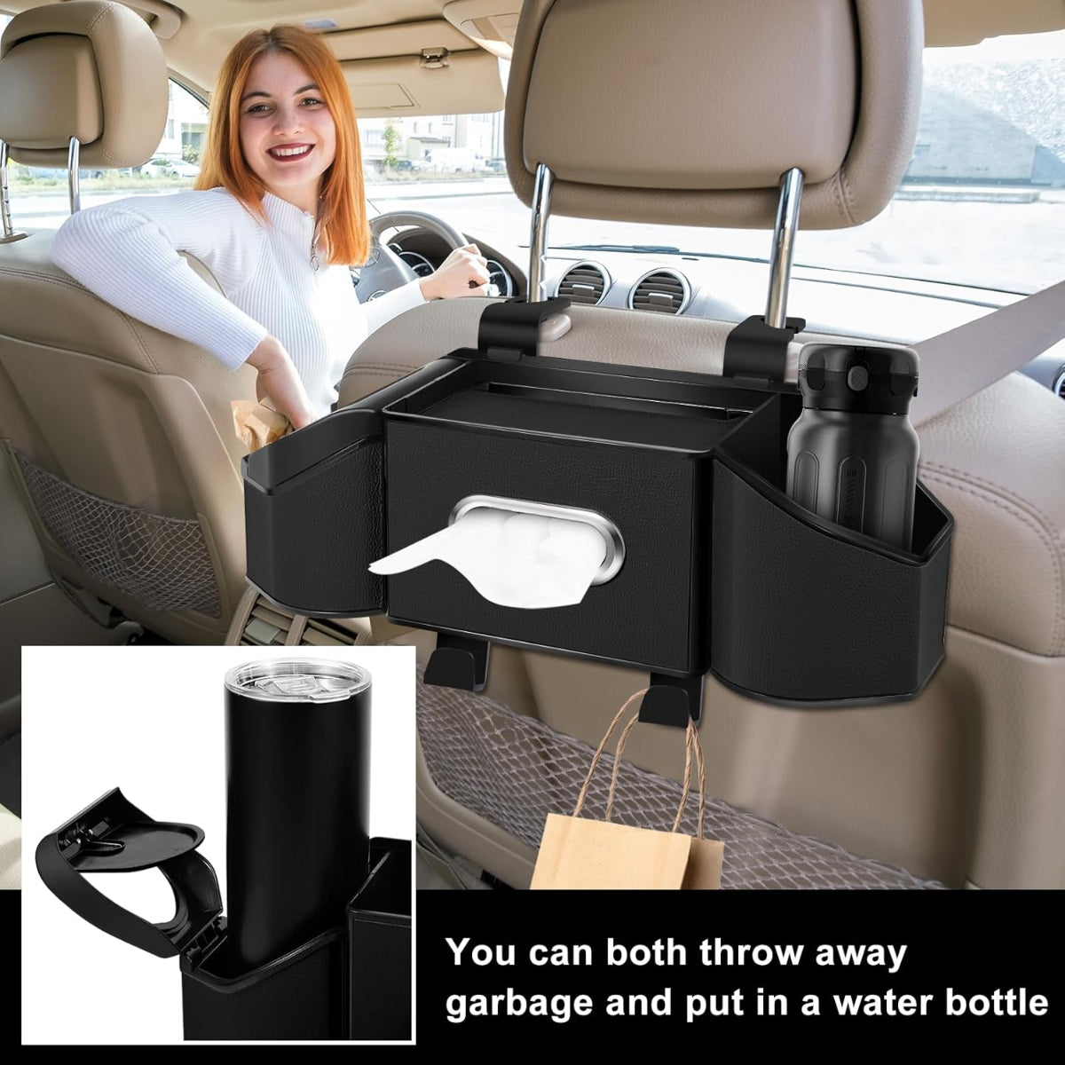 7-In-1 Car Seat Back Organizer with Cup Holders, Tissue Box, Garbage Can&Hooks, Multifunctional Headrest Storage Organizer, Headrest Cup Holder for Backseat, Car Accessories for Trips, Travels(Black)
