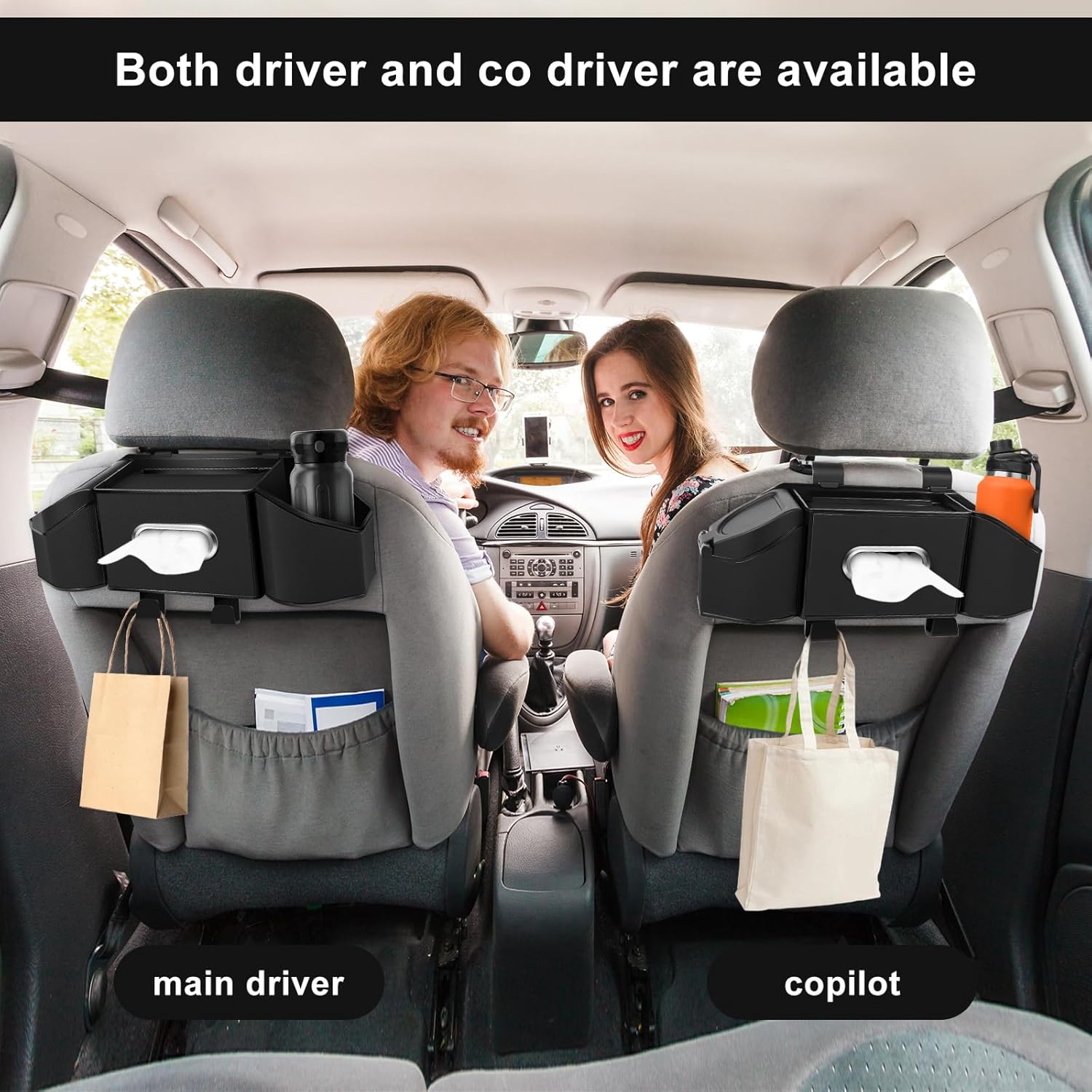 7-In-1 Car Seat Back Organizer with Cup Holders, Tissue Box, Garbage Can&Hooks, Multifunctional Headrest Storage Organizer, Headrest Cup Holder for Backseat, Car Accessories for Trips, Travels(Black)