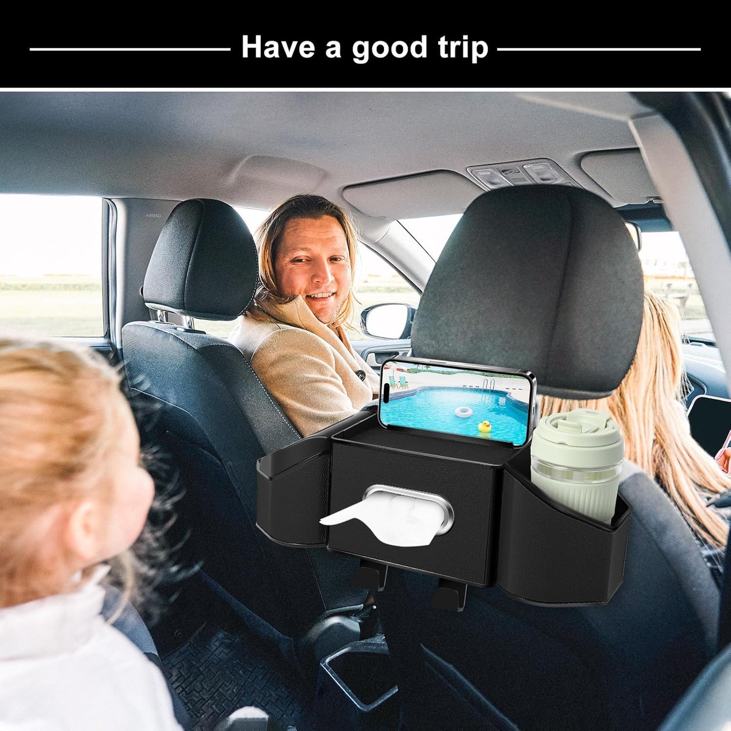 7-In-1 Car Seat Back Organizer with Cup Holders, Tissue Box, Garbage Can&Hooks, Multifunctional Headrest Storage Organizer, Headrest Cup Holder for Backseat, Car Accessories for Trips, Travels(Black)