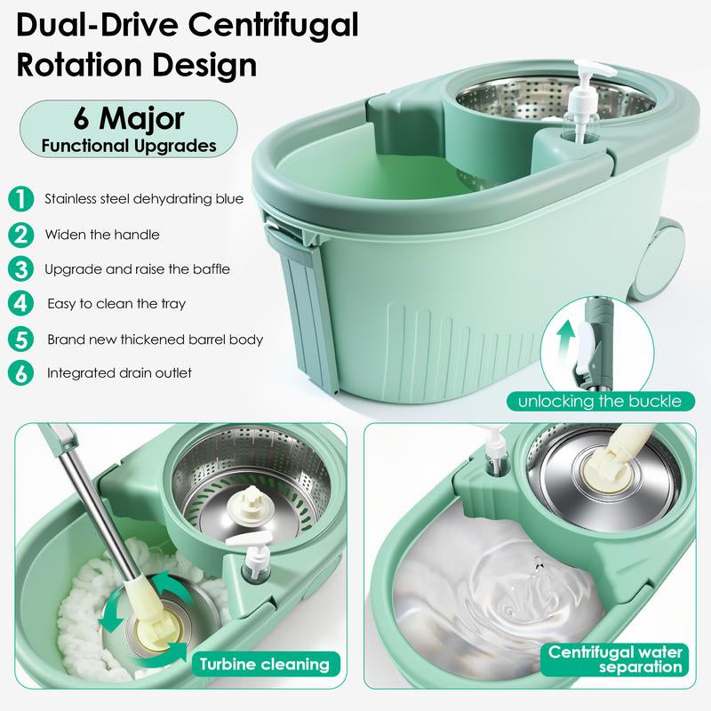 Restock Sale 360° Rotating Spin Mop & Bucket Set Stainless Steel Handle and Bucket with Soap Dispenser & Drain Hose 3Pcs Microfiber Replacement Mop Refills for Household Items