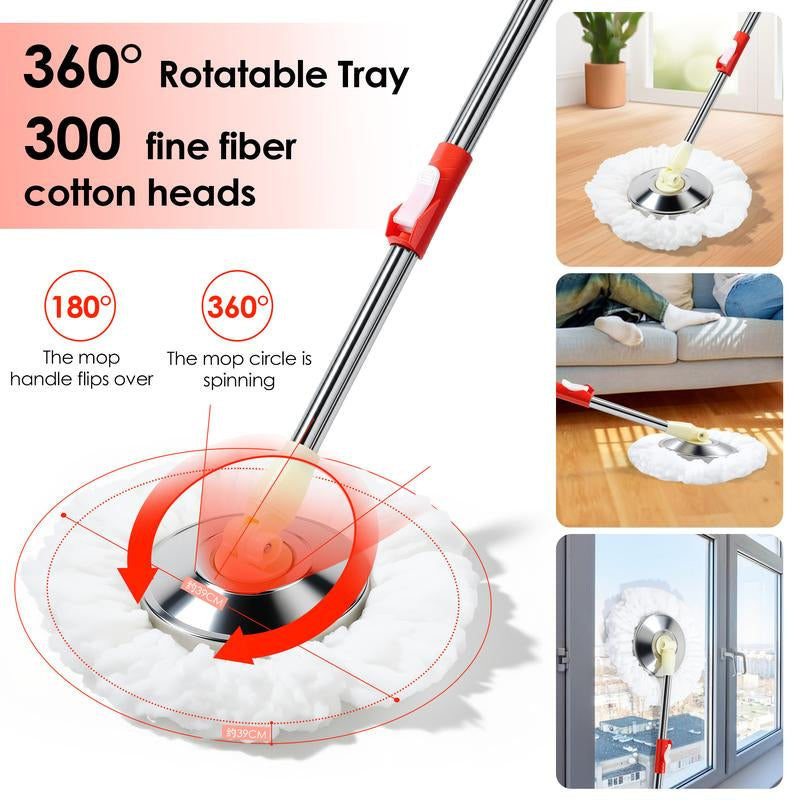Restock Sale 360° Rotating Spin Mop & Bucket Set Stainless Steel Handle and Bucket with Soap Dispenser & Drain Hose 3Pcs Microfiber Replacement Mop Refills for Household Items