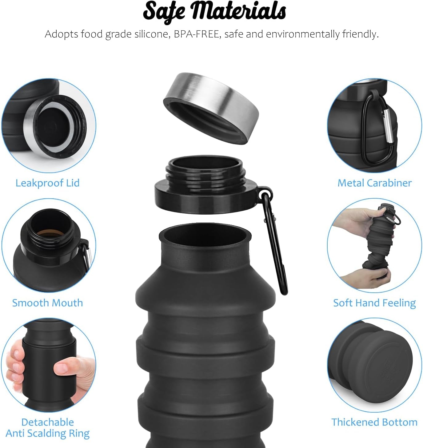 Collapsible Water Bottle, Reuseable BPA Free Silicone Foldable Water Bottles for Travel Gym Camping Hiking, Portable Leak Proof Sports Water Bottle with Carabiner