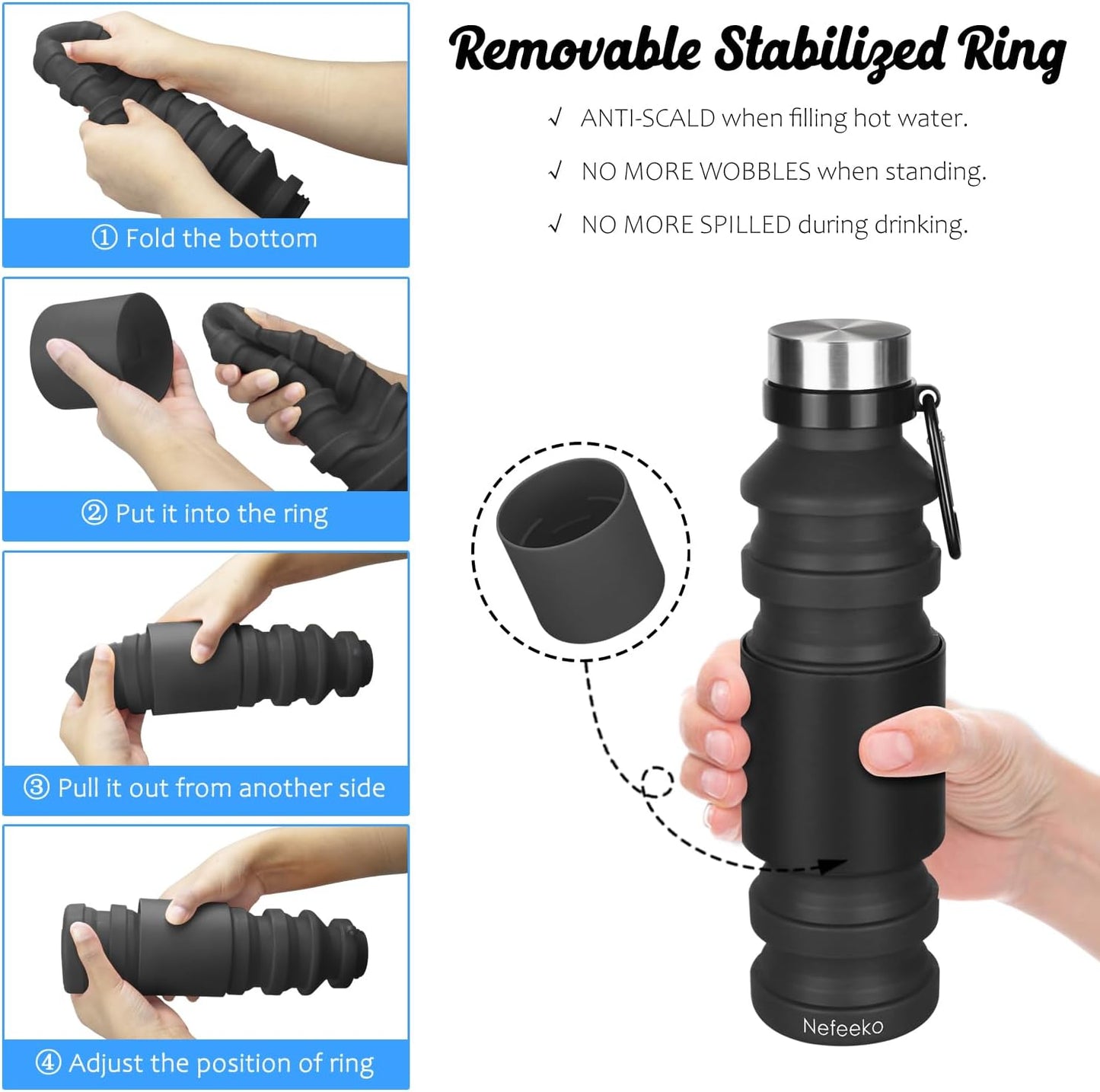 Collapsible Water Bottle, Reuseable BPA Free Silicone Foldable Water Bottles for Travel Gym Camping Hiking, Portable Leak Proof Sports Water Bottle with Carabiner